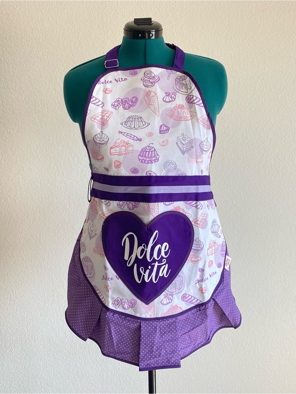 Kitchen Love Dolce Vita patchwork fringe skirt bib apron with polka dots